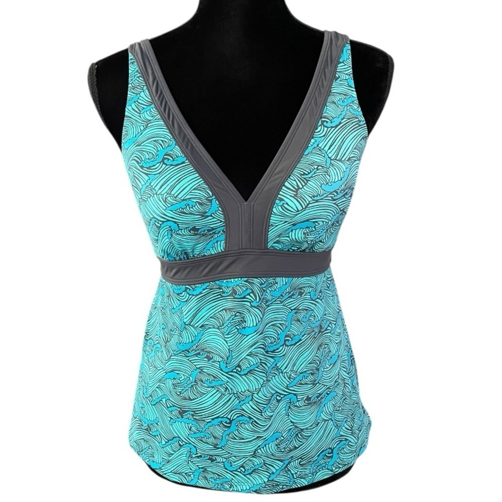 LL Bean Tankini Swim Top Womens 12 Blue V Neck Racerback Lightly Padded UPF 50+